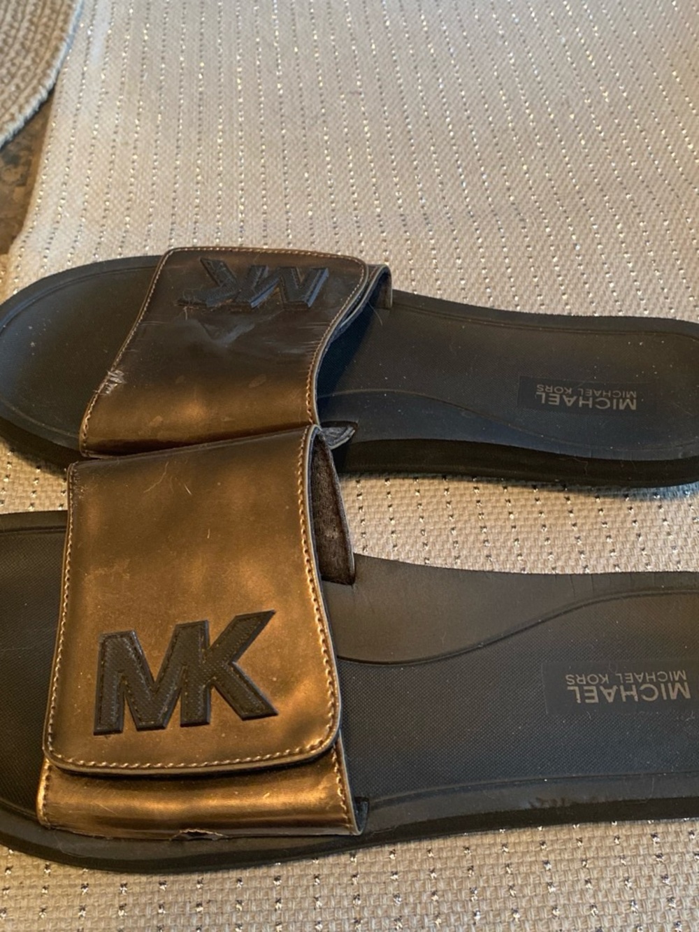 Michael Kors Metallic Bronze MK Slide Sandals